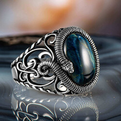 Furious Snake Pattern Blue Tiger Eye Stone Sterling Silver Men's Ring - 2