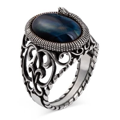 Furious Snake Pattern Blue Tiger Eye Stone Sterling Silver Men's Ring - 3