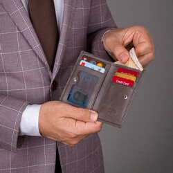 Fury Style Hakiki Crazy Deri Çıtçıtlı Dikey Erkek Kartlık Cüzdan Gri - 7