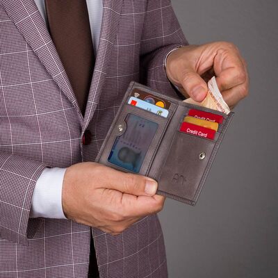 Fury Style Hakiki Crazy Deri Çıtçıtlı Dikey Erkek Kartlık Cüzdan Gri - 7