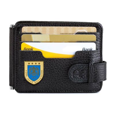 Gold-Mavi Hava Kuvvetleri Mini Rozetli Çift Taraflı Para Tokalı Kartlık Cüzdan Siyah - 1