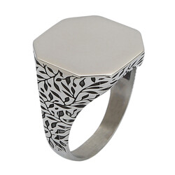 Gümüş Sekizgen Sade Tasarım Erkek Yüzük Yaprak Desenli Model - Anı Yüzük