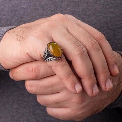 Hasır Düğüm Motifli Sarı Kehribar Taşlı Erkek Yüzük - Thumbnail
