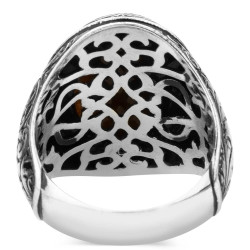 Intricately Inlaid Silver Mens Ring with Brown Tigereye Stonework - 3