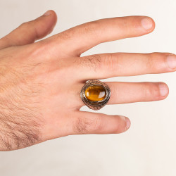 Intricately Inlaid Silver Mens Ring with Brown Tigereye Stonework - 4