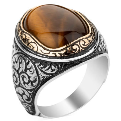 Intricately Inlaid Silver Mens Ring with Brown Tigereye Stonework - 1