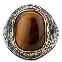 Intricately Inlaid Silver Mens Ring with Brown Tigereye Stonework - 2
