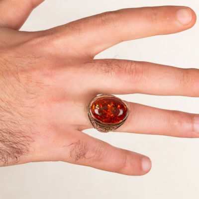 Intricately Inlaid Silver Mens Ring with Synthetic Amber Stone - 4