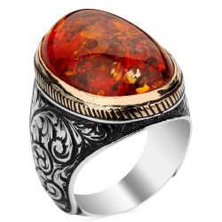 Intricately Inlaid Silver Mens Ring with Synthetic Amber Stone - 1