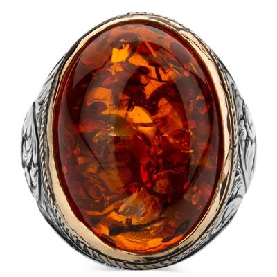 Intricately Inlaid Silver Mens Ring with Synthetic Amber Stone - 2