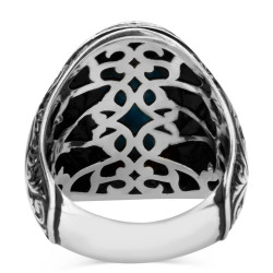 Intricately Inlaid Silver Mens Ring with Turquoise Chalchuite Stone - 3