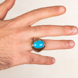 Intricately Inlaid Silver Mens Ring with Turquoise Chalchuite Stone - 4