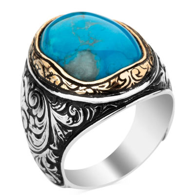 Intricately Inlaid Silver Mens Ring with Turquoise Chalchuite Stone - 1