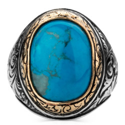 Intricately Inlaid Silver Mens Ring with Turquoise Chalchuite Stone - 2
