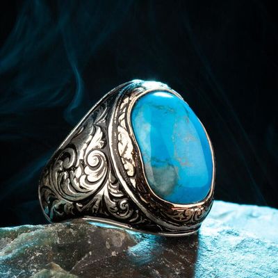Intricately Inlaid Silver Mens Ring with Turquoise Chalchuite Stone - 5