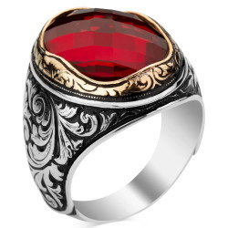 Intricately Inlaid Sterling Silver Mens Ring with Red Zircon Stonework - 1