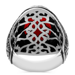 Intricately Inlaid Sterling Silver Mens Ring with Red Zircon Stonework - 3