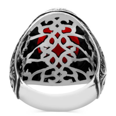 Intricately Inlaid Sterling Silver Mens Ring with Red Zircon Stonework - 3