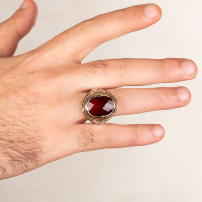 Intricately Inlaid Sterling Silver Mens Ring with Red Zircon Stonework - 4