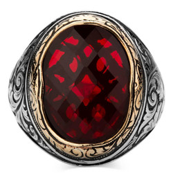 Intricately Inlaid Sterling Silver Mens Ring with Red Zircon Stonework - 2