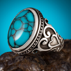 Kalp Motifli Turkuaz Firuze Taşlı Gümüş Erkek Yüzük - Anı Yüzük