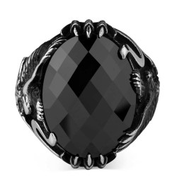 Kartal Figürlü Siyah Zirkon Taşlı Gümüş Erkek Yüzük - Thumbnail
