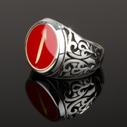 Kırmızı Mine Üzerine Elif İşlemeli Erkek Yüzük - Anı Yüzük