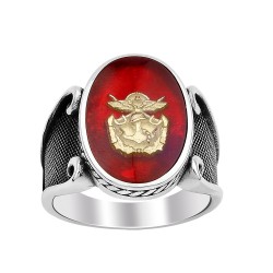 Kırmızı Mineli Genelkurmay Amblemli Yüzük - Anı Yüzük