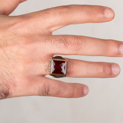 Kırmızı Zirkon Taşlı Kare Tasarım Erkek Gümüş Yüzüğü - Thumbnail