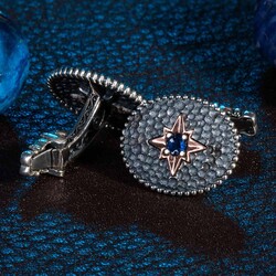 Kuzey Yıldızı Motifli Mini Mavi Zirkon Taşlı Gümüş Kol Düğmesi - Thumbnail