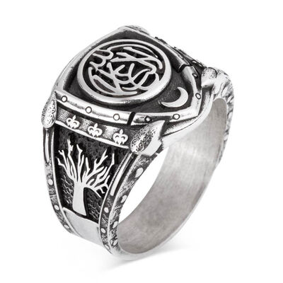 La Galibe Illallah Written Tree of Life Motif Sterling Silver Men's Ring - 1