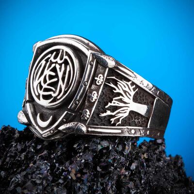 La Galibe Illallah Written Tree of Life Motif Sterling Silver Men's Ring - 6