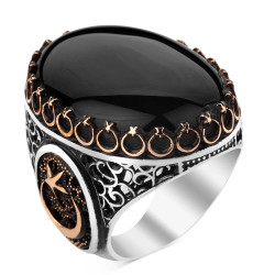Large Silver Crescent Star Mens Ring with Black Onyx Stone 