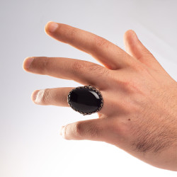 Large Silver Crescent Star Mens Ring with Black Onyx Stone - 5
