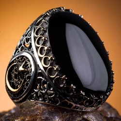 Large Silver Crescent Star Mens Ring with Black Onyx Stone - 6