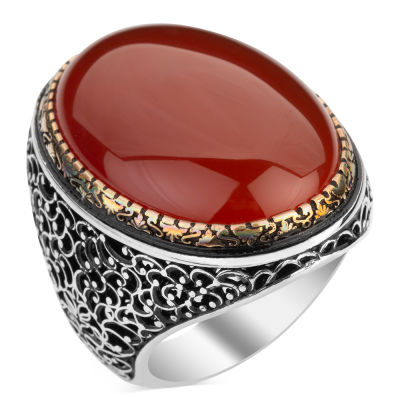 Large Silver Mens Ring with Burgundy Agate Stone - 1