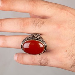 Large Silver Mens Ring with Burgundy Agate Stone - 3