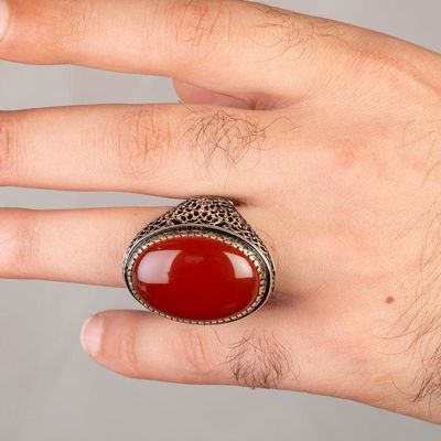 Large Silver Mens Ring with Burgundy Agate Stone - 3