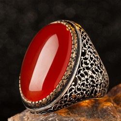 Large Silver Mens Ring with Burgundy Agate Stone - 4
