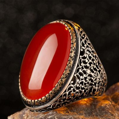 Large Silver Mens Ring with Burgundy Agate Stone - 4