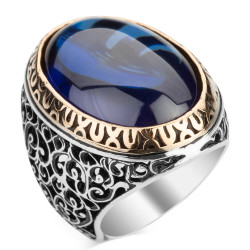 Large Silver Symmetrical Design Mens Ring with Blue Oval Zircon Stone - 1