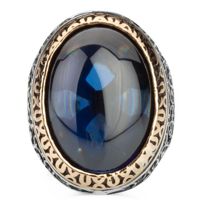 Large Silver Symmetrical Design Mens Ring with Blue Oval Zircon Stone - 2