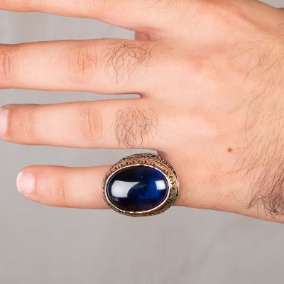 Large Silver Symmetrical Design Mens Ring with Blue Oval Zircon Stone - 3