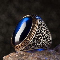 Large Silver Symmetrical Design Mens Ring with Blue Oval Zircon Stone - 4