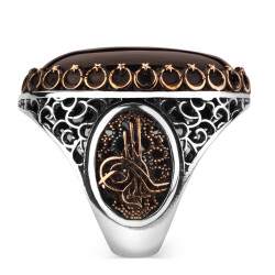 Large Silver Tughra Mens Ring with Tigereye Stone - 3