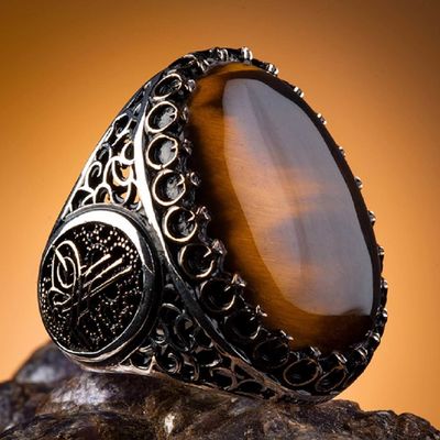Large Silver Tughra Mens Ring with Tigereye Stone - 6