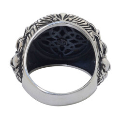 Lion Patterned Black Onyx Stone Silver Men's Ring - 3