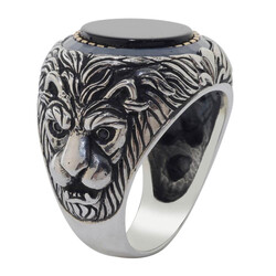 Lion Patterned Black Onyx Stone Silver Men's Ring - 4