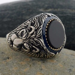 Lion Patterned Black Onyx Stone Silver Men's Ring - 6