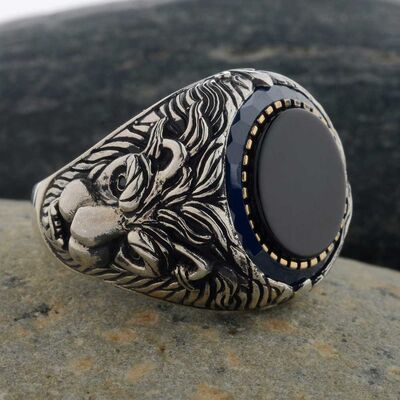 Lion Patterned Black Onyx Stone Silver Men's Ring - 6